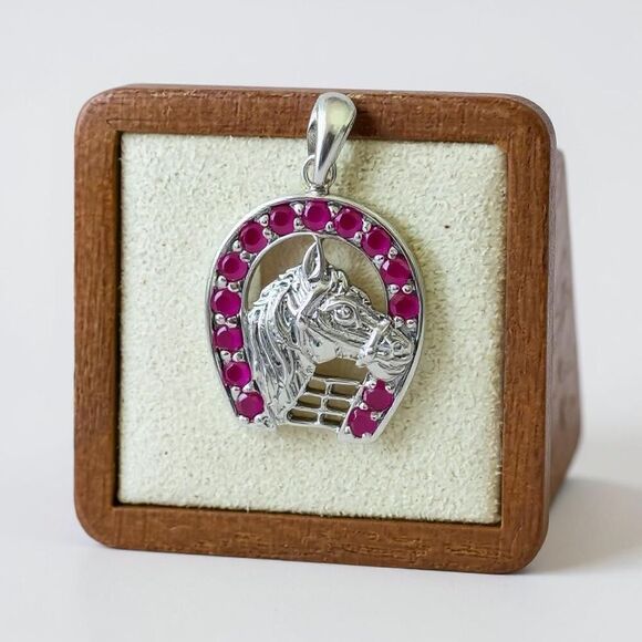 Genuine Ruby Horse Pendant Horseshoe Necklace Sterling Silver Equestrian Jewelry - Picture 1 of 7